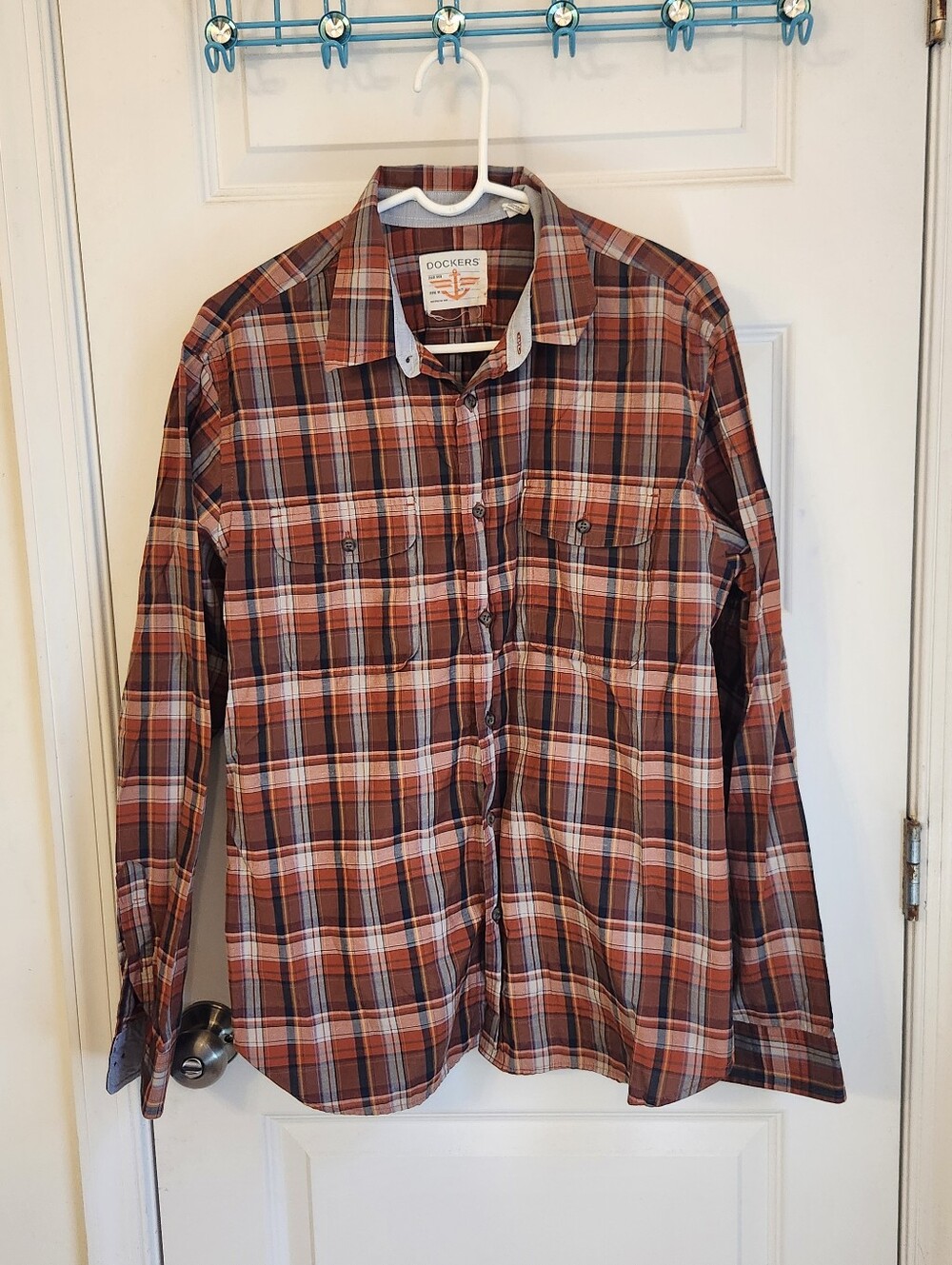 Dockers Mens Button Down Flannel Plaid Red Orange Mens Size L‎ #1411